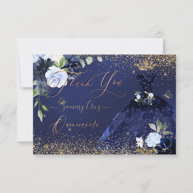 Invitación PixDezines Quinceanera Gracias Oro Azul De La Mari (Anverso)