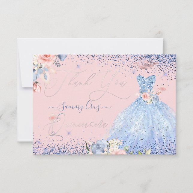 Invitación PixDezines Quinceañera Gracias Vestido Azul Polvo (Anverso)