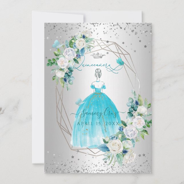 Invitación PixDezines Quinceanera H2 Flores Aqua Blue Dress (Anverso)