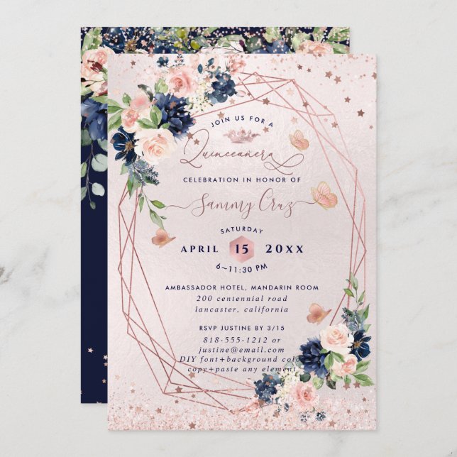 Invitación PixDezines Quinceanera H2 Flores Rubor Navy (Anverso / Reverso)