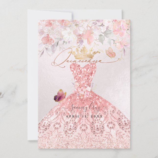 Invitación PixDezines Quinceanera H2 Vestido rosa Rubor (Anverso)