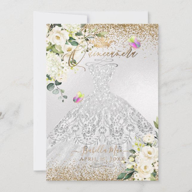 Invitación PixDezines Quinceanera Purpurina de oro con vestid (Anverso)