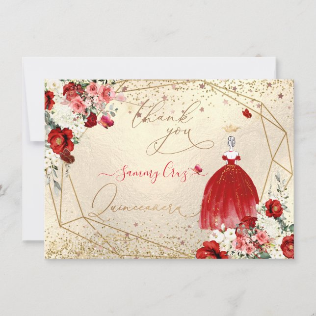 Invitación PixDezines Quinceanera Red Gown Gracias (Anverso)