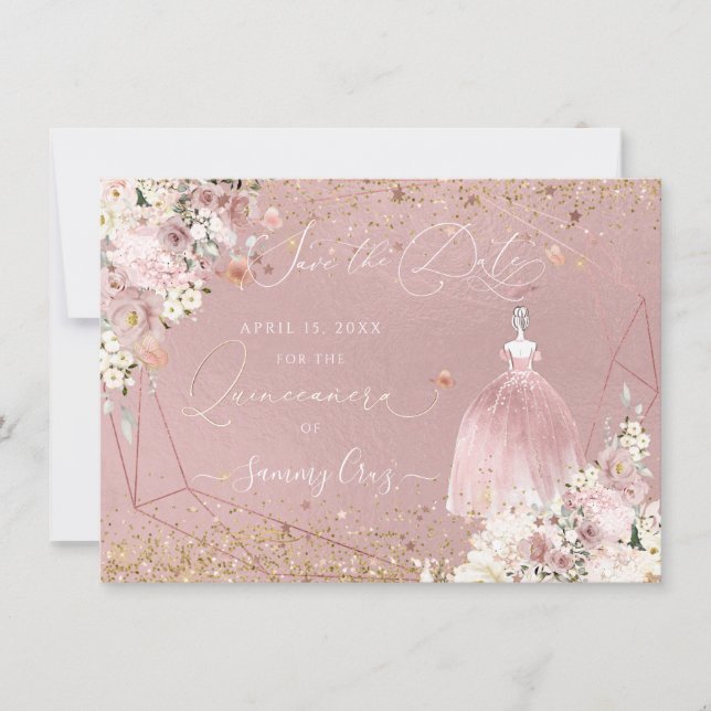 Invitación PixDezines Quinceanera Rosa Oro Guardar la fecha  (Anverso)