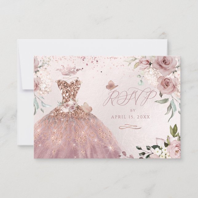 Invitación PixDezines Quinceanera RSVP Dusty Rosa vestido (Anverso)