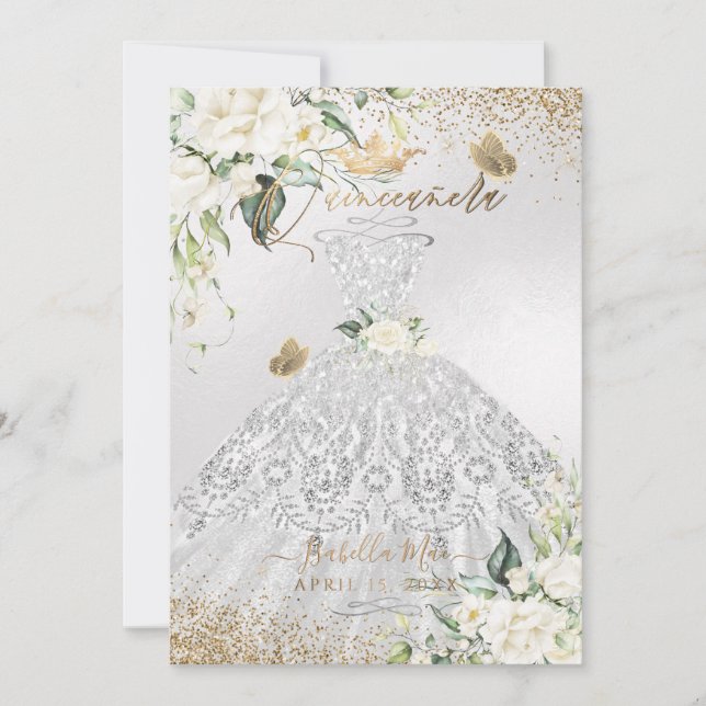 Invitación PixDezines Quinceanera Silver Vestido Purpurina de (Anverso)