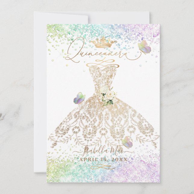 Invitación PixDezines Quinceanera White Gold Gown Butterflies (Anverso)