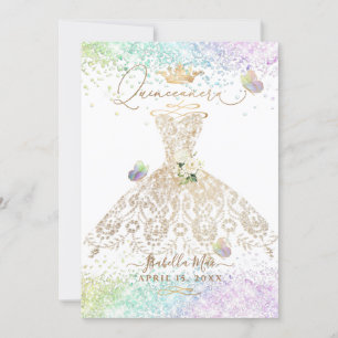 Invitación PixDezines Quinceanera White Gold Gown Butterflies