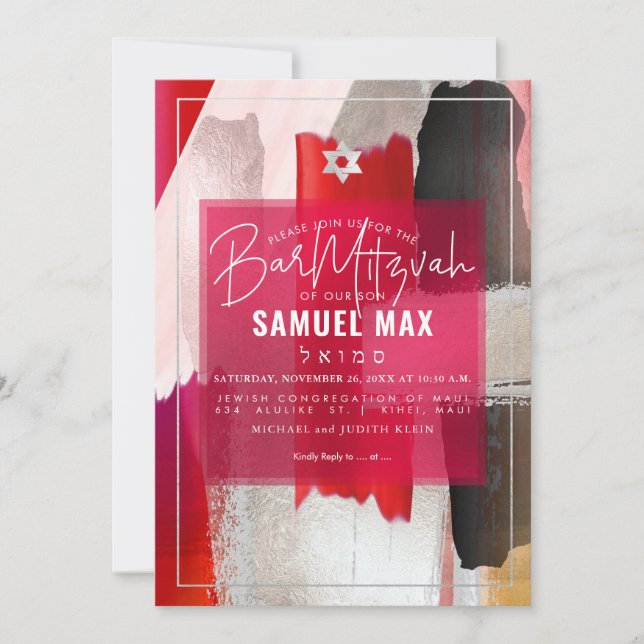 Invitación PixDezines Red Black Watercolor Bar Mitzvah (Anverso)