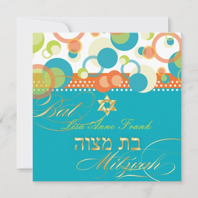 Invitación PixDezines retro Mod Bubbles, Bat Mitzvah/verde az (Anverso)
