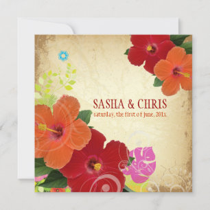 Invitación PixDezines rojo+hibisco naranja+monstera