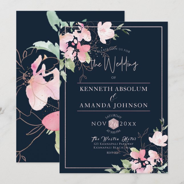 Invitación PixDezines Romance Sonrojado, Flores de Acuarela (Anverso / Reverso)