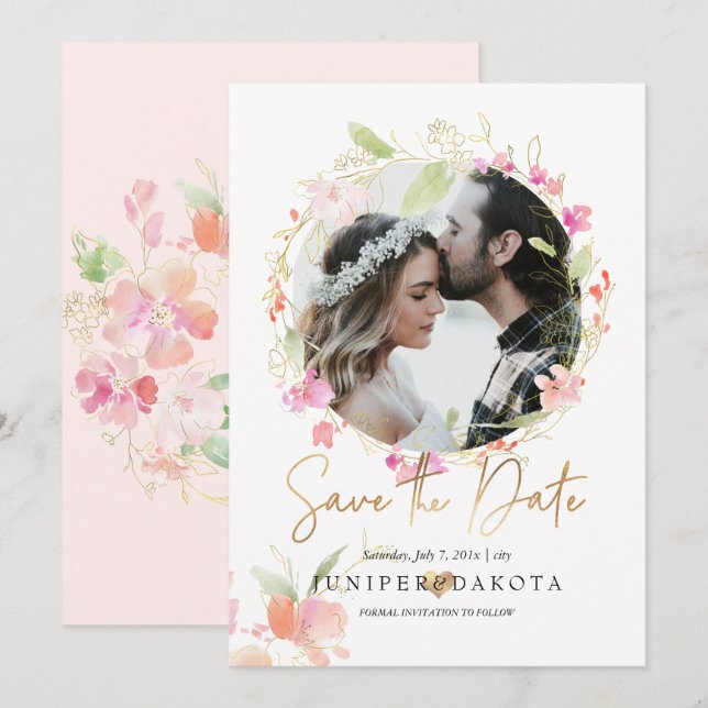 Invitación PixDezines Romance Sonrojante Flor Wavercolor (Anverso / Reverso)