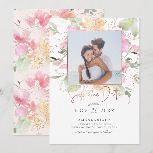 Invitación PixDezines Romance Sonrojante, Guarde la Fecha (Anverso / Reverso)