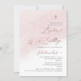 Invitación PixDezines Rosa Bautismo de Oro+1er cumpleaños