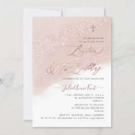 Invitación PixDezines Rosa Bautismo de Oro+1er cumpleaños