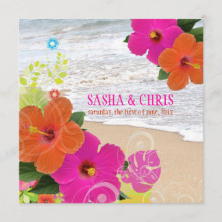 Invitación PixDezines rosa caliente+hibiscus naranja+monstera