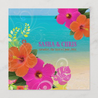 Invitación PixDezines rosa caliente+hibiscus naranja+monstera