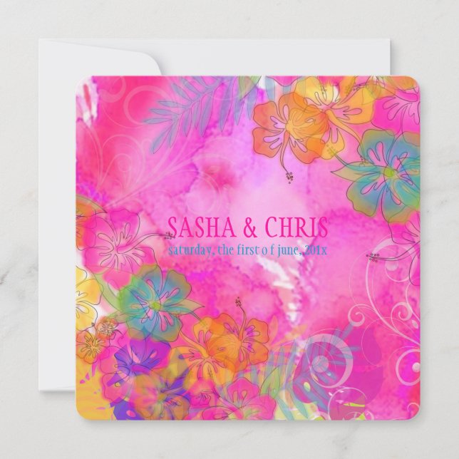 Invitación PixDezines rosa caliente+hibiscus naranja+monstera (Anverso)