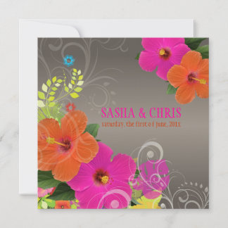 Invitación PixDezines rosa caliente+hibiscus naranja+monstera