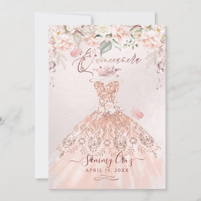 Invitación PixDezines Rosa de Quinceanera Purpurina de oro (Anverso)