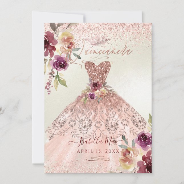 Invitación PixDezines Rosa de Quinceanera Purpurina de oro (Anverso)
