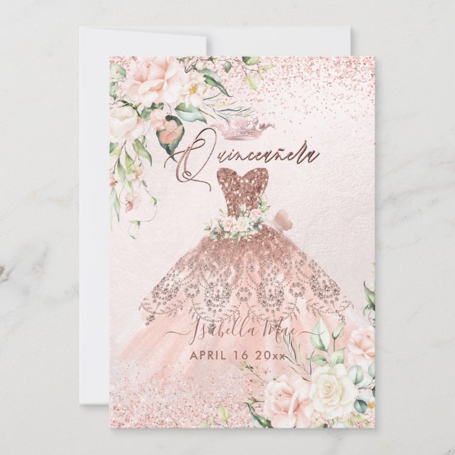 Invitación PixDezines Rosa de Quinceanera Purpurina de oro (Anverso)
