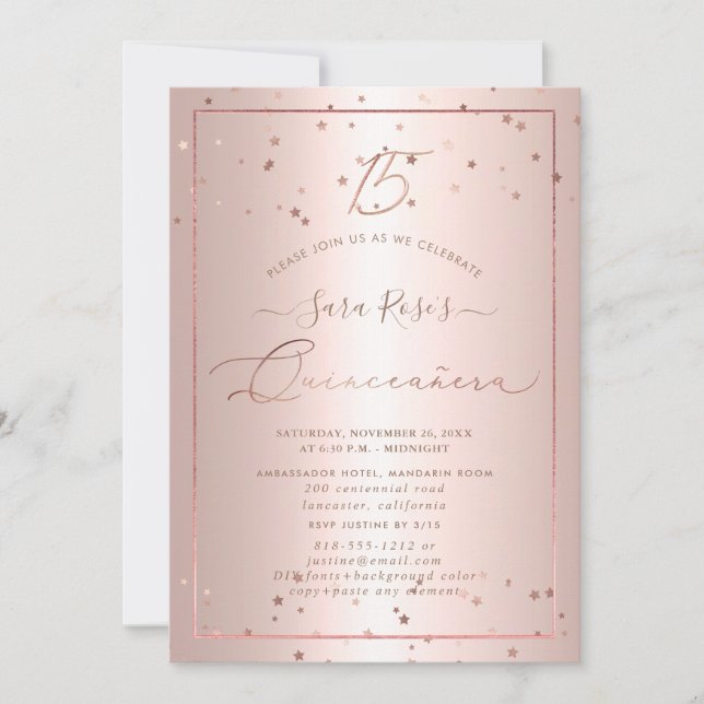 Invitación PixDezines Rosa Estrellas de oro Quinceanera (Anverso)