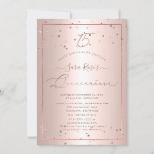 Invitación PixDezines Rosa Estrellas de oro Quinceanera