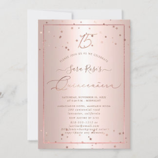 Invitación PixDezines Rosa Estrellas de oro Quinceanera