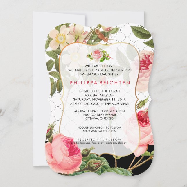 Invitación PixDezines Rosa Jardín Bat Mitzvah/fondo DIY (Reverso)