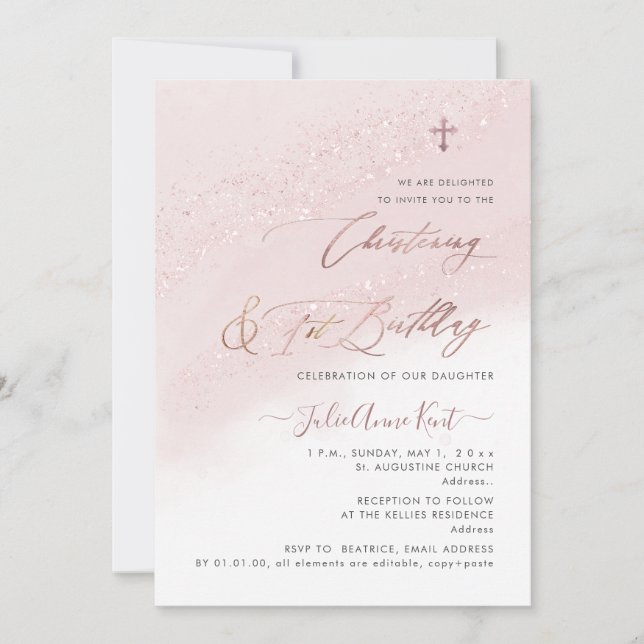 Invitación PixDezines Rosa Oro Christening+1er Cumpleaños (Anverso)