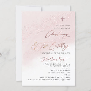 Invitación PixDezines Rosa Oro Christening+1er Cumpleaños