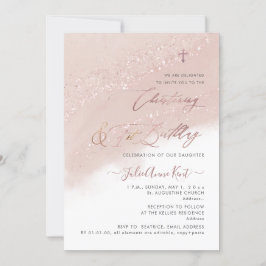 Invitación PixDezines Rosa Oro Christening+1er Cumpleaños