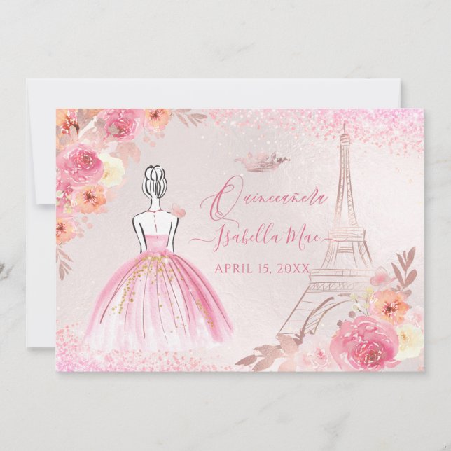 Invitación PixDezines Rosa Oro Torre Eiffel Quinceanera (Anverso)