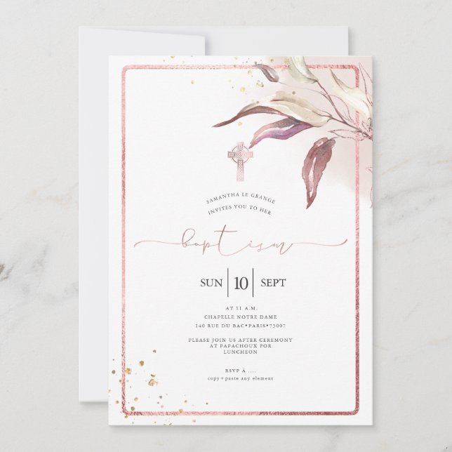 Invitación PixDezines Rosa Polvo Eucalipto Bautismo de primo (Anverso)