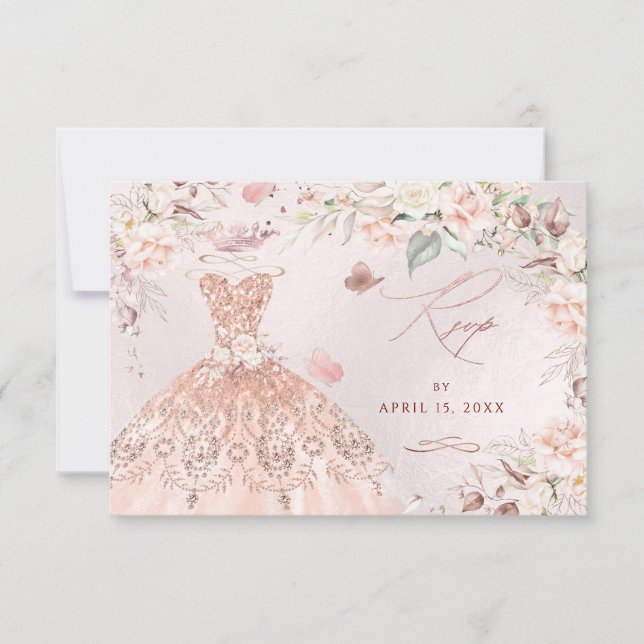 Invitación PixDezines Rosa Purpurina de oro Gown Sweet 16 RSV (Anverso)