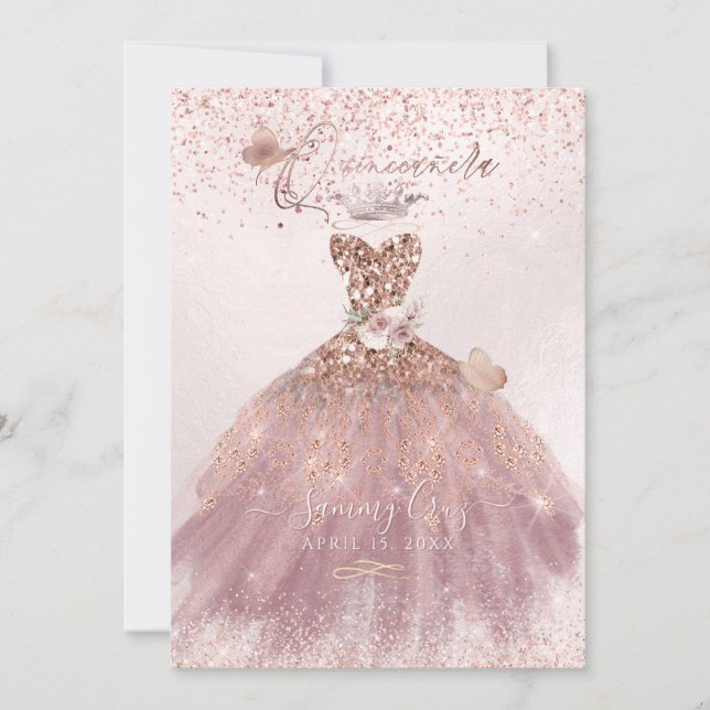 Invitación PixDezines Rosa Quinceanera Dusty Purpurina Gown (Anverso)
