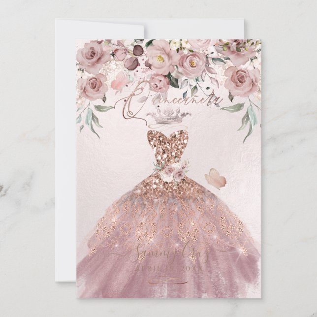 Invitación PixDezines Rosa Quinceanera Dusty Purpurina Gown (Anverso)