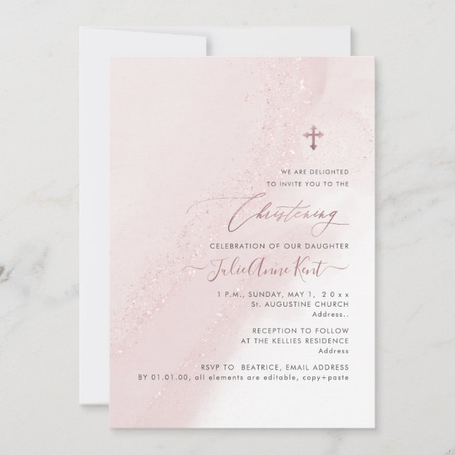 Invitación PixDezines Rosado y Rosa Dorado Bautizo (Anverso)