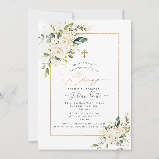 Invitación PixDezines Rosas Alabaster H2 Flores Bendición (Anverso)