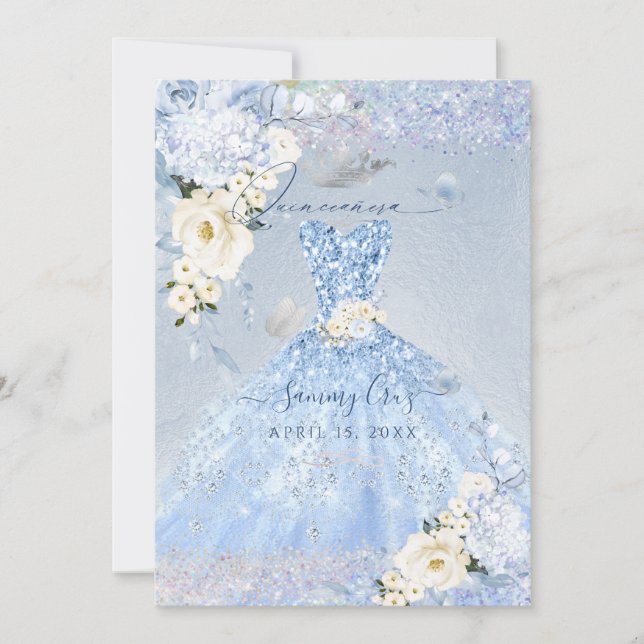 Invitación PixDezines Rosas azul turbio vestido Quinceanera (Anverso)