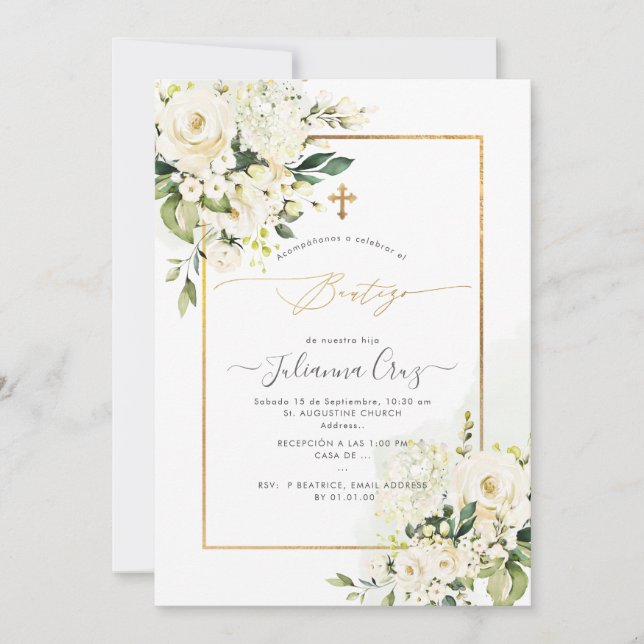Invitación PixDezines Rosas Crema y Hortensias Bautizo (Anverso)