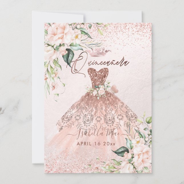 Invitación PixDezines Rosas Quinceanera Rubor-Rosa Gold Gown (Anverso)