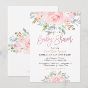Invitación PixDezines Rosas Rosadas Aquarela Baby Shower