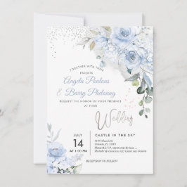 Invitación PixDezines Rosas turbios azules Purpurina de plata