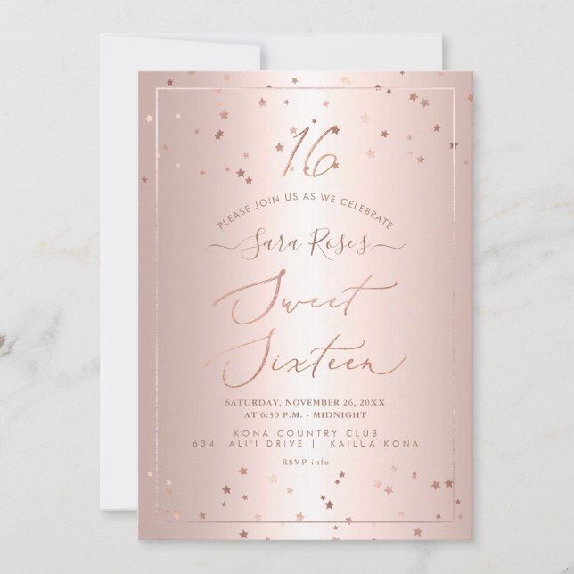 Invitación PixDezines Rose Gold Stars Dulces Dieciséis (Anverso)