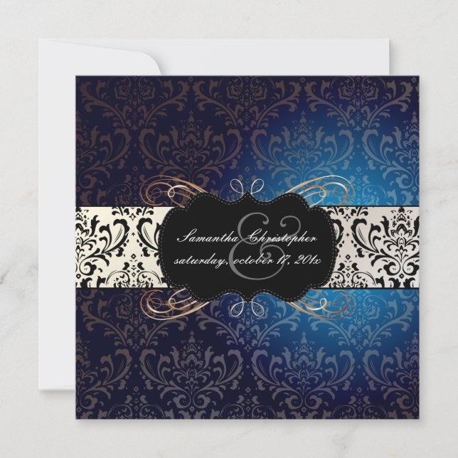 Invitación PixDezines Rossi Damask, azul de medianoche (Anverso)