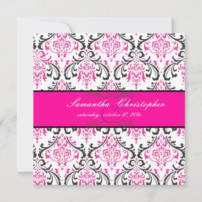 Invitación PixDezines Rossi Damask, Negro+Rosa (Anverso)