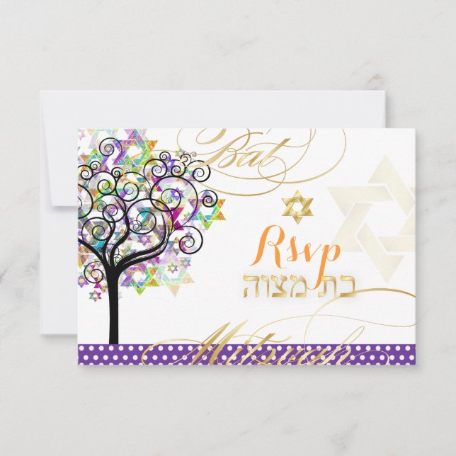 Invitación PixDezines rsvp árbol de la vida/estrellas, Bat Mi (Anverso)